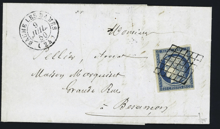 N°4 OBL grille + T15 Baume-les-Dames (7 juil 50) sur lettre, ind 14. TB