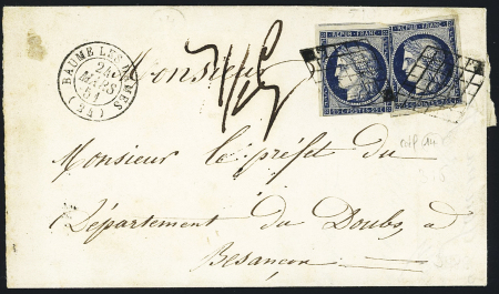 N°4 Deux pièces, OBL grille + T15 Baume les Dames (24 mars 1851) sur lettre, ind 14. TB