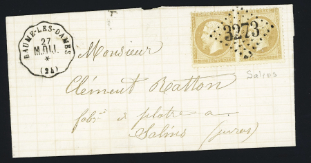 N°21 en paire OBL GC 3273 + CAD conv. Station "Baume-les-Dames M.DIJ (1867) sur lettre, ind 14, jolie pièce