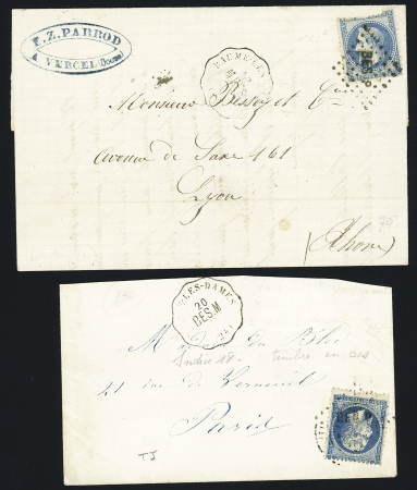 2 lettres : n°22 OBL "BESP" + CAD conv sta "Voujeaucourt BES-M" (1868 - ind 18) et n°29, def, OBL losange de points "BESP" + CAD conv sta "Baume les Dames" M.BAS" (1870 - ind 10). TB