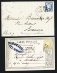N°60 OBL GC 456 + CAD conv. Sta. "Baume les Dames Bel-Dij" (1875) sur lettre et n°55 OBL GC 2435 + CAD conv. Sta "Baume les Dames Dij-Bel" sur carte postale, ind 18 chaque. TB