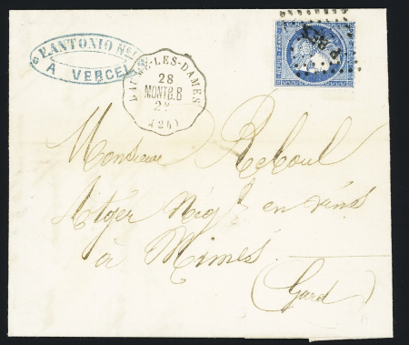 N°60 OBL losange de points ambulant "P.BES" + CAD conv.sta. "Baumes les Dames MONTB.B" (1872) sur lettre, ind 15. TB