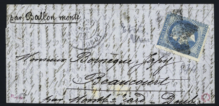 Beaucourt : N°29 OBL étoile 5 + CAD "Paris R. de Bondy" (26 oct 1870) sur ballon monté pour Beaucourt avec arrivée 3 nov 70. TB