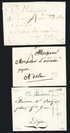 5 lettres avec MP de Besançon datées : L n°11 (1767 - ind 11), L n°12 (1763 - ind 14), L n°13 (1784 - ind 13), l n°13 (1778 et 1784, ind 13 chaque). TB