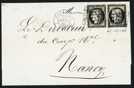 N°3 en paire OBL grille + T15 Besançon (23 mars 49) sur lettre pour Nancy. TB