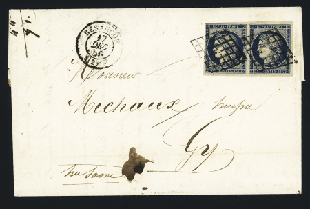 N°4, 25c bleu foncé en paire OBL grille + T15 Besançon (17 dec 50) sur lettre, ind 10 ++. TB