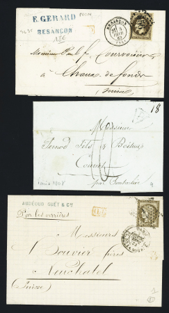 12 lettres AFF 30c (n°30, n°56, etc) de Besançon pour la Suisse. TB