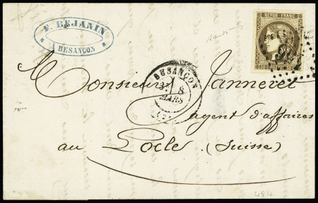 N°47, 30c brun, avec variété "R" touchant le cadre OBL GC 456 + T17 Besançon (8 mars 71) sur lettre pour la Suisse. TB