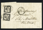 Timbre-taxe 2, 10c noir en paire OBL CAD T17 Besançon (2 mai 1862) sur lettre. TB