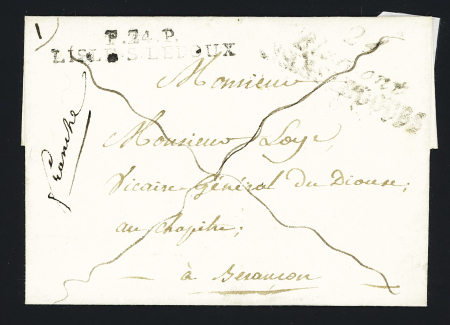 Blamont : lettre avec cursive double "24 Blamont L'Isle s. le Doubs" + MP "P 24 P" L'Isle s. le Doubs" + mention manuscrite "franche". B/TB mais association rare.