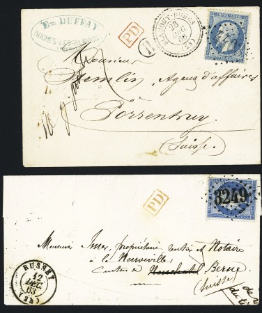 2 lettres au tarif frontalier pour la Suisse : n° 22 OBL GC 4403 + T22 Blamont-Doubs (1866) et n°22 OBL GC 3249 + T Russey (12 dec 1863). TB