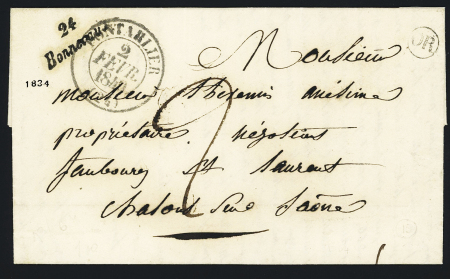 Bonnevaux : Lettre avec cursive "24 Bonnevaux" + T13 Pontarlier (1849) + "OR" de vaux et Chantegrue, ind 15. Belle pièce. TB