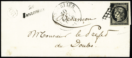 N°3 OBL grille + cursive "24 Bonnevaux" + T13  "Pontarlier" (30 dec 49) sur lettre, ind 23. TB