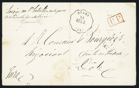 LST avec CAD conv. Station "Byans BES. B" (1870) + "PP" encadré rouge et mention manuscrite "Service du 1er bataillon de la garde nationale mobilisée". Jolie pièce