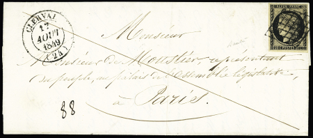 N°3 OBL grille + T14 Clerval (17 aout 1849) sur lettre, ind 23, jolie pièce