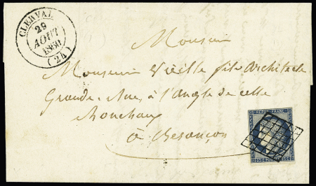 N°4 OBL grille + T14 Clerval (1850) sur lettre, ind 18. TB