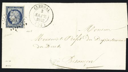 N°4 OBL PC 887 + T14 Clerval (3 sept 1852) sur lettre,