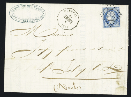 N°60 OBL GC 1841 + CAD conv. Station "Clerval B MONTB" (1872) sur lettre, ind 18, jolie pièce. TB