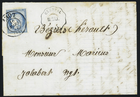 N°60 OBL bureau de passe 1307 + CAD conv. Sta "Clerval M. DIJ" (1872) sur lettre, ind 19. TB