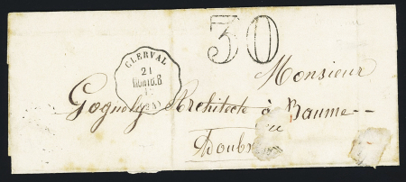 LST avec CAD conv. Sta "Clerval MONTB" (1869) + taxe 30 double-trait, non signalé, ind 19. TB