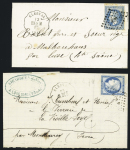 2 lettres : n°29 OBL PC du GC 420 + conv. Sta "Clerval BES. M" (1869 - ind 18) et n°60 OBL losange de points "BESP" + CAD conv. Sta "Clerval M. BES (1874 - ind 18). TB