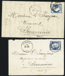 2 lettres AFF n°60 OBL bureau de passe 1307 + CAD conv. Sta "Clerval BEL. DIJ" (1874), ind 13 chaque. TB