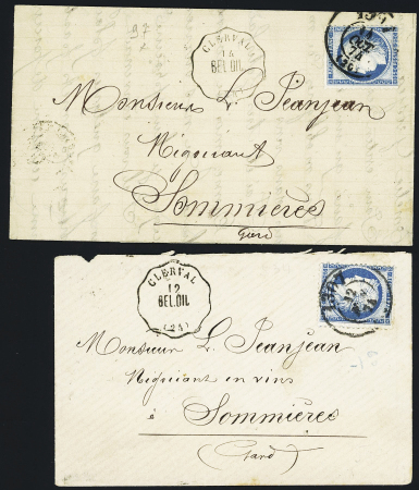 2 lettres AFF n°60 OBL bureau de passe 1307 + CAD conv. Sta "Clerval BEL. DIJ" (1874), ind 13 chaque. TB