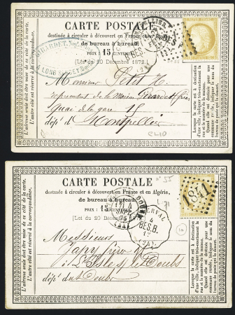2 cartes postales précurseurs AFF n°55, l'une OBL losange de points "BESP" + conv. Sta "Clerval B.BES" et GC 1841 + conv. Sta "Clerval BES.B" (1874 et 1875), ind 14 et ind 10. TB