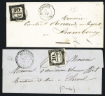 2 lettres AFF timbre-taxe n°2 OBL T15 Pontarlier (1862) et T15 Clerval (1861) + CAD perlé T22 "Belleherbe". TB
