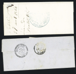 2 lettres AFF timbre-taxe n°2 OBL T15 Pontarlier (1862) et T15 Clerval (1861) + CAD perlé T22 "Belleherbe". TB