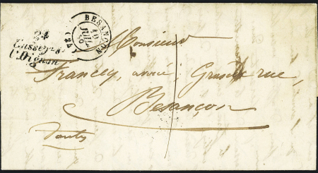 Cussey sur l'Oignon : LST avec cursive "24 Cussey-s-l'Oignon" + T15 Besançon (1849), ind 17. TB