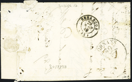 LST avec cursive "24 Cussey s l'Oignon" + T15 Besançon (1849), ind 17. TB