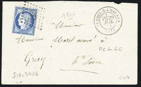 N°60 OBL PC du GC 1260 + T17 "Cussey-s-l'Oignon" (1874) sur lettre pour Gray, ind 18. TB