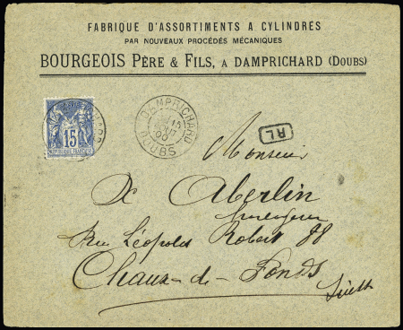 Damprichard : n°90 OBL CAD type A2 "Damprichard Doubs" (1900) sur lettre pour La Chaux de Fonds (Suisse) avec rare petit cachet rect "RL" (rayon limitrophe), certificat RHP. RR et TB