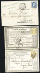 Dannemarie : 3 plis : n°55 OBL GC 1307 + CAD conv. Sta "Dannemarie B.DIJ" (1875) sur CP précurseur - n°60 OBL losange de points "PM" + T17 gare de Montbéliard (1872) et au verso CAD conv. Sta. "Dannemarie BJ" - n°55
