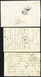 Dannemarie : 3 plis : n°55 OBL GC 1307 + CAD conv. Sta "Dannemarie B.DIJ" (1875) sur CP précurseur - n°60 OBL losange de points "PM" + T17 gare de Montbéliard (1872) et au verso CAD conv. Sta. "Dannemarie BJ" - n°55