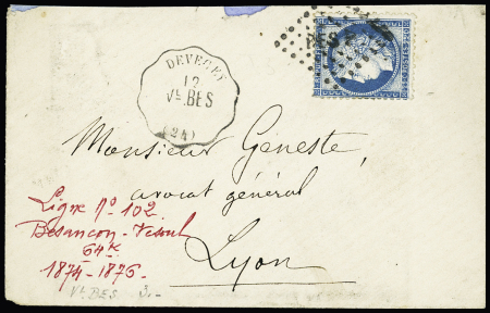 N°60 OBL losange de points "BESP" + CAD conv. Station "Decevey Vl Bes" (1875) sur lettre, ind 18. TB