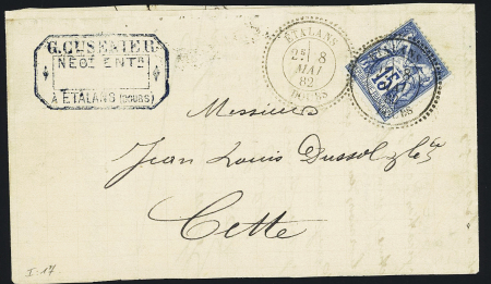 Etalans : n°90 OBL T25 "Etalans Doubs" (1882) répété à côté sur lettre (il n'y eut que 3 CAD T25 dans le Doubs), ind 17 Chevalier, certificat RHP TB