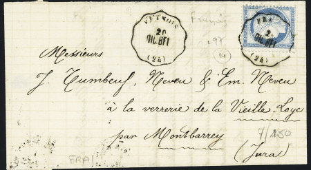 N°60 OBL CAD conv. Station "Franois DIJ. BEL" (1876) répété à côté sur lettre, ind 14. TB