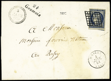 Goumois : n°4 OBL grille + cursive "24 Goumois" + dateur B (1851) sur lettre, leg, tache sinon TB, ind 24.