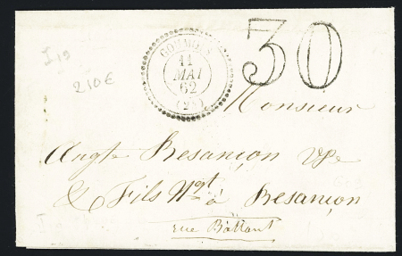 LST avec CAD perlé T22 "Goumois" (1862) + taxe 30 double-trait, ind 19. TB