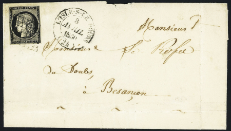 L'Isle sur le Doubs : n°3 OBL grille + T14 "L'Isle sur le Doubs" (1850) sur lettre, ind 19. TB