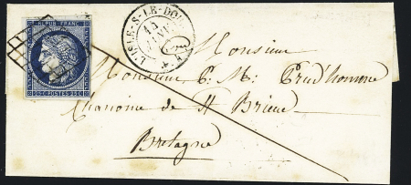 N°4 OBL grille + T15 "L'Isle-s-le-Doubs" (1852) sur une petite lettre, ind 15. TB