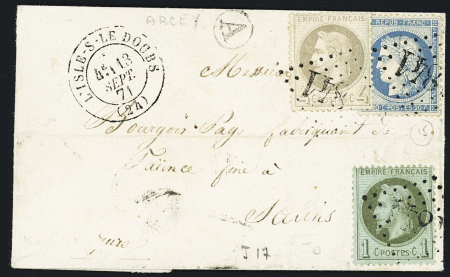 N°25 + 27 + 37 OBL GC 1841 + T17 "L'Isle-s-le-Doubs" (13 sept 71) sur lettre, AFF tricolore. TB