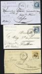 3 lettres avec convoyeurs stations : n°29 OBL PC du GC 420 + CAD "L'Isle-s-e-Doubs BES. M" (1869 - ind 18), n°29 OBL losange de points "BES.P" + CAD "L'Isle-s-le-Doubs M.BES" (1867 - ind 8) et n°38 OBL GC 456 + CAD "L