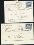 2 lettres : n°37 OBL losange de points "BES.P" + CAD conv station "L'Isle-s-le-Doubs MONTB.B" (1871) et n°29 OBL PC du GC 420 + CAD conv sta "L'Isle-s-le-Doubs B.MONTB" (1869), ind 19 et ind 18. TB lot
