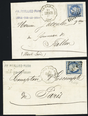 2 lettres : n°37 OBL losange de points "BES.P" + CAD conv station "L'Isle-s-le-Doubs MONTB.B" (1871) et n°29 OBL PC du GC 420 + CAD conv sta "L'Isle-s-le-Doubs B.MONTB" (1869), ind 19 et ind 18. TB lot