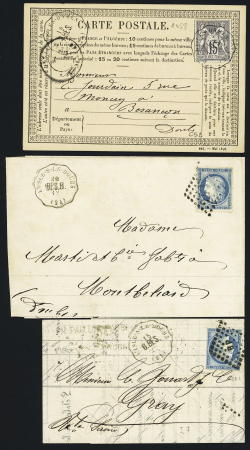 3 plis N°60 OBL losange de points "BP" + CAD "L'Isle-s-le-Doubs B.BES" (1875) et n°60 OBL GC + CAD "L'Isle-s-le-Doubs BES.B" (1875) sur 2 lttres et n°77 OBL CAD conv. Sta "Baule-les-Dames B.BES" sur CP précurseur,