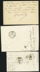 3 plis N°60 OBL losange de points "BP" + CAD "L'Isle-s-le-Doubs B.BES" (1875) et n°60 OBL GC + CAD "L'Isle-s-le-Doubs BES.B" (1875) sur 2 lttres et n°77 OBL CAD conv. Sta "Baule-les-Dames B.BES" sur CP précurseur,