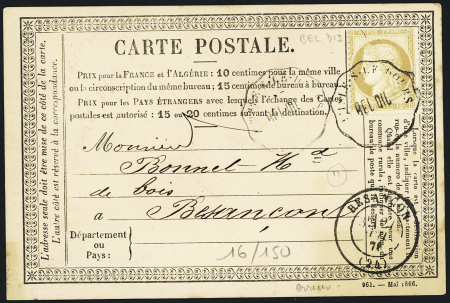 N°55 OBL CAD conv. Sta"L'Isle-s-le-Doubs BEL DIJ" (1876) sur carte postale précurseur, ind 11. TB